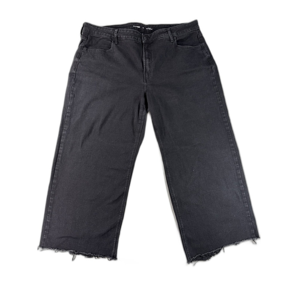 Old‎ Navy High Rise Wide Leg Jeans Womens 20 Black Denim Cropped Stretch Frayed